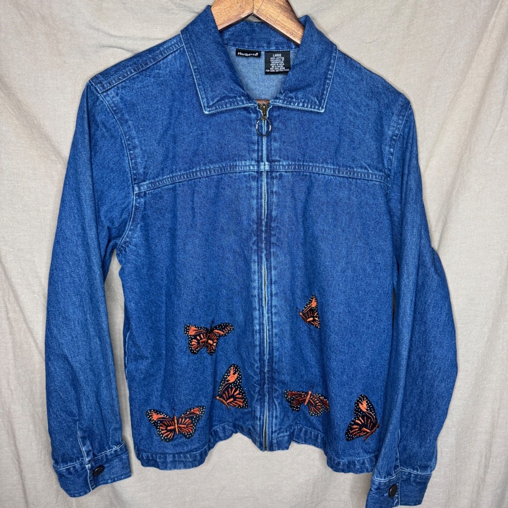Vintage Womens Large Blue Denim Butterfly Embroidered Full Zip Jacket